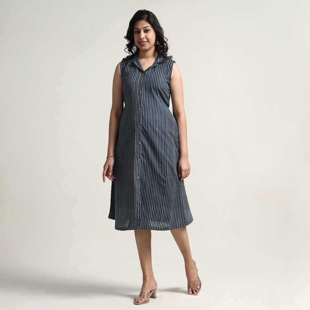 Grey - Plain Handloom Cotton Collared Neck Buttoned Down Dress