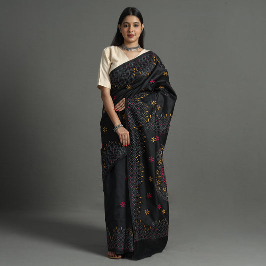 Black - Bengal Nakshi Kantha Embroidery Silk Saree 16