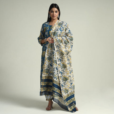 Blue - - Sanganeri Block Printed Maheshwari Silk Kurta with Palazzo & Dupatta Set