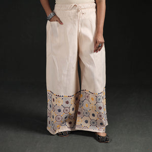 Beige - Bengal Kantha Hand Embroidered Cotton Palazzo 03