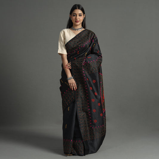 Black - Bengal Nakshi Kantha Embroidery Silk Saree 19