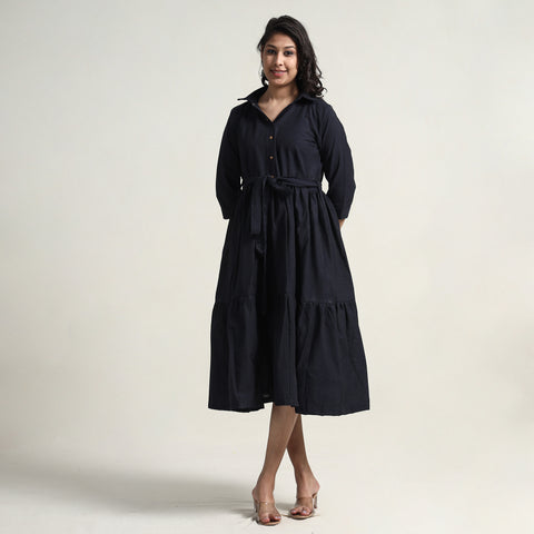 Black - Plain Handloom Cotton Collared Neck Flare Dress