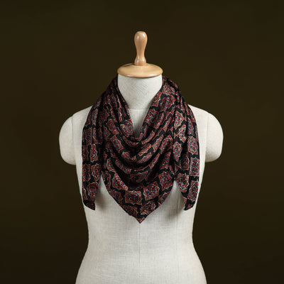 Black - Ajrakh Hand Block Print Natural Dyed Modal Silk Scarf 02