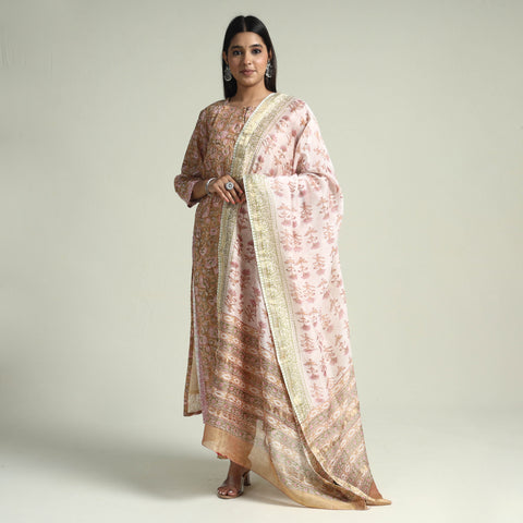 Brown - - Sanganeri Block Printed Maheshwari Silk Kurta with Palazzo & Dupatta Set