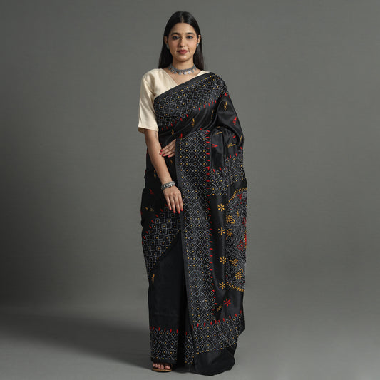 Black - Bengal Nakshi Kantha Embroidery Silk Saree 21