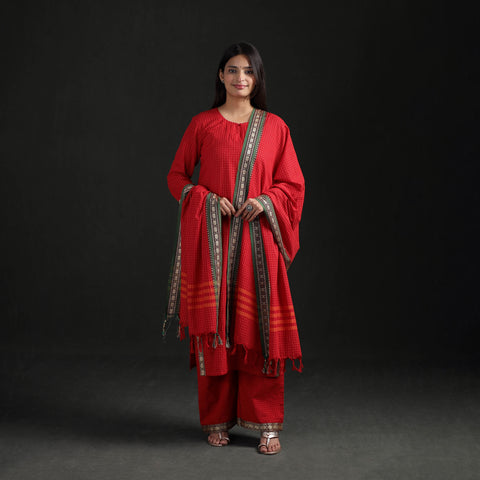Red - Dharwad Cotton Suit Set with Dupatta for Women 06
