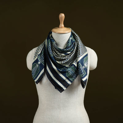 Blue - Ajrakh Hand Block Print Natural Dyed Modal Silk Scarf 12