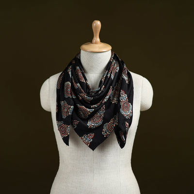 Black - Ajrakh Hand Block Print Natural Dyed Modal Silk Scarf 16