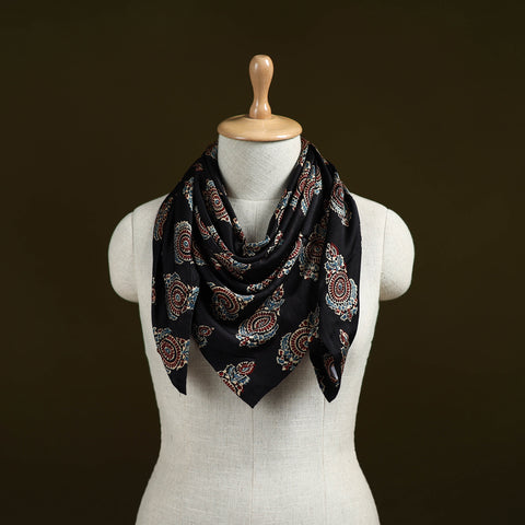 Black - Ajrakh Hand Block Print Natural Dyed Modal Silk Scarf 16