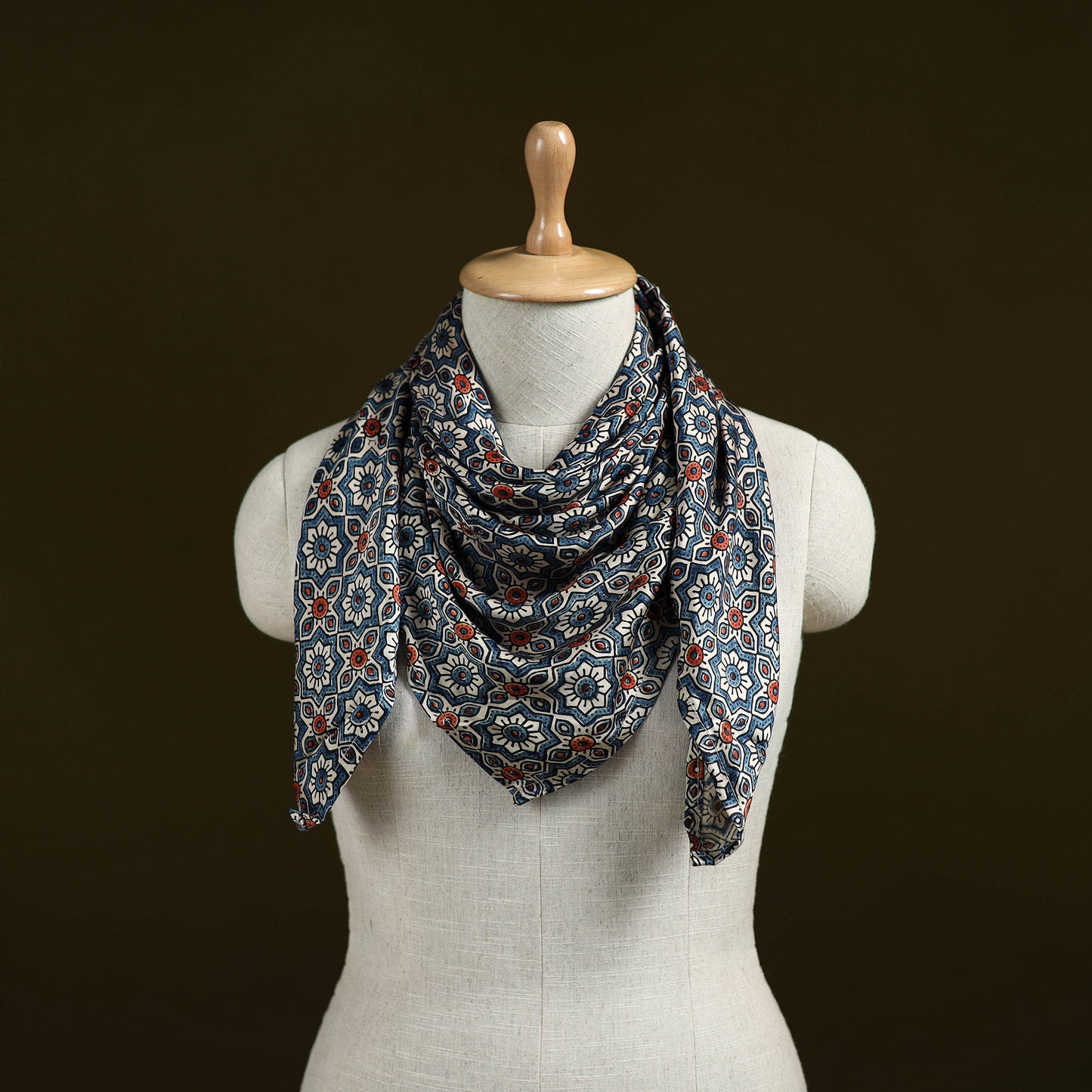 Ajrakh Hand Block Print Natural Dyed Modal Silk Scarf 18