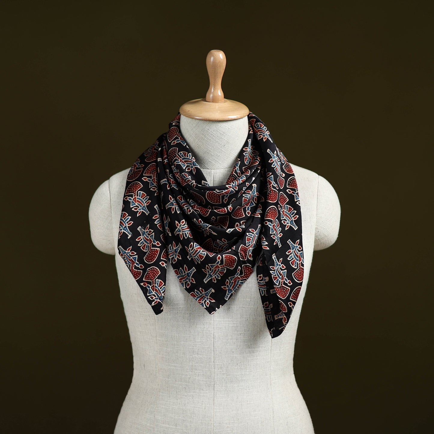 Black - Ajrakh Hand Block Print Natural Dyed Modal Silk Scarf 23