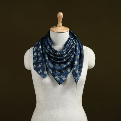 Blue - Ajrakh Hand Block Print Natural Dyed Modal Silk Scarf 25