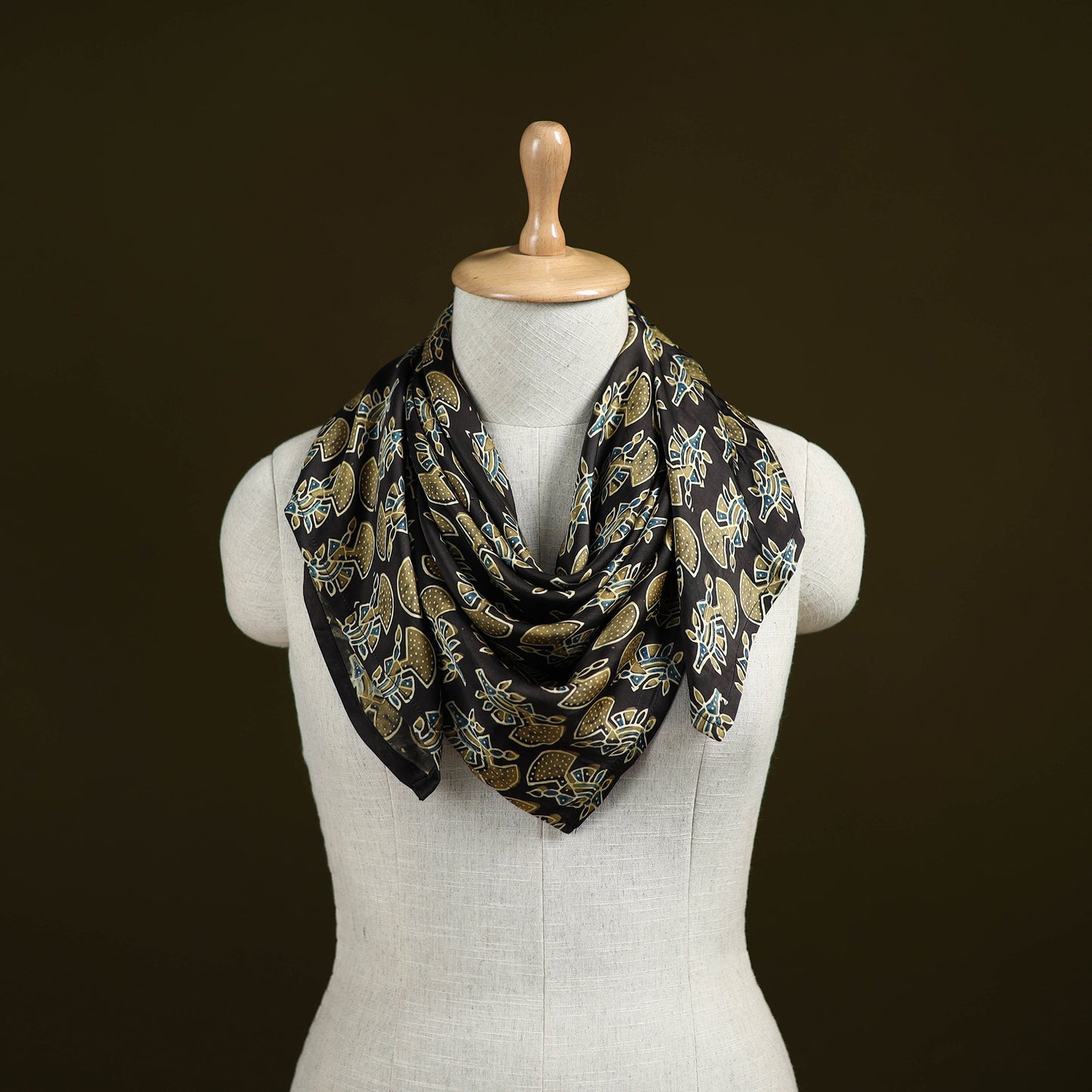 Black - Ajrakh Hand Block Print Natural Dyed Modal Silk Scarf 31