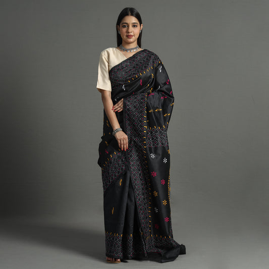 Black - Bengal Nakshi Kantha Embroidery Silk Saree 24