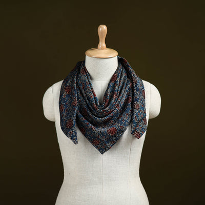 Blue - Ajrakh Hand Block Print Natural Dyed Modal Silk Scarf 36