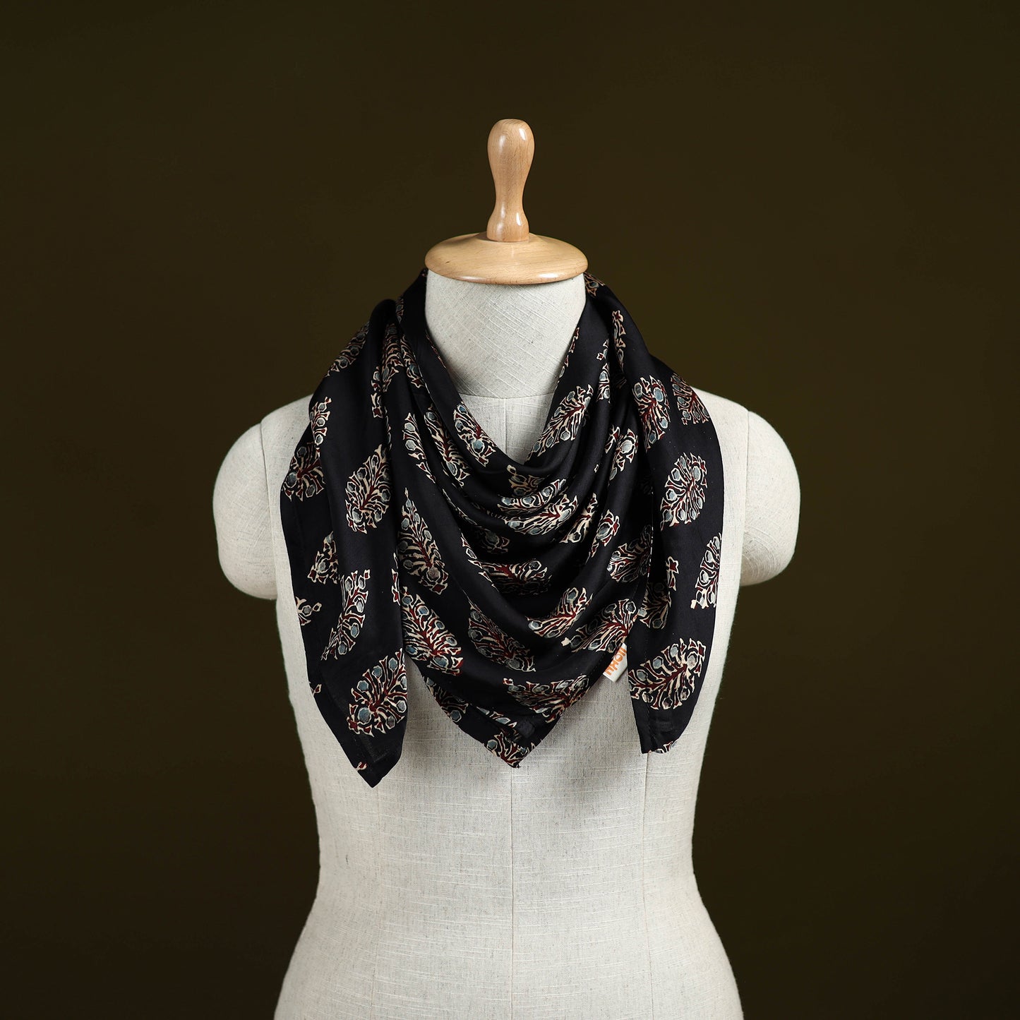 Black - Ajrakh Hand Block Print Natural Dyed Modal Silk Scarf 21
