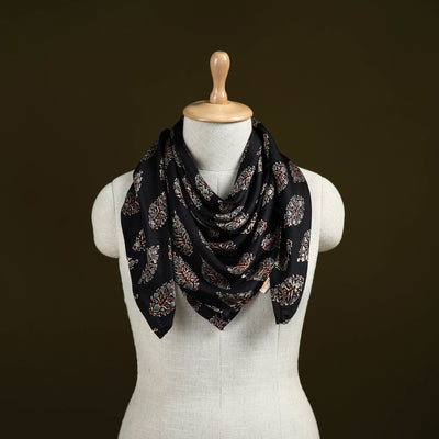 Black - Ajrakh Hand Block Print Natural Dyed Modal Silk Scarf 21