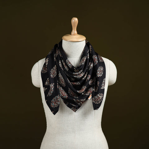 Black - Ajrakh Hand Block Print Natural Dyed Modal Silk Scarf 21
