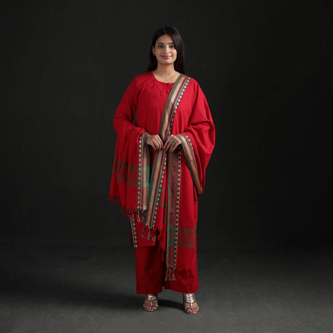 Red - Dharwad Cotton Suit Set with Dupatta for Women 10