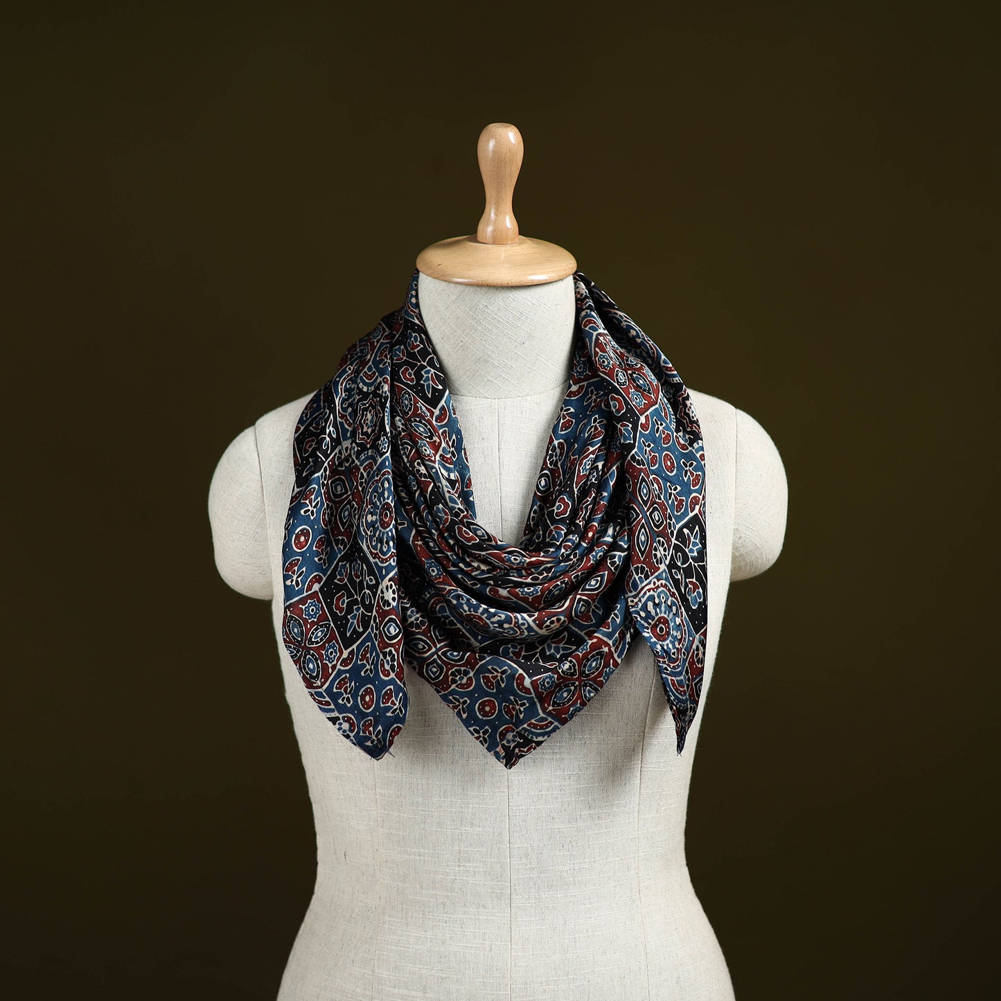 Blue - Ajrakh Hand Block Print Natural Dyed Modal Silk Scarf 50