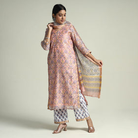 Peach Sanganeri Block Printed Maheshwari Silk Kurta with Palazzo & Dupatta Set 