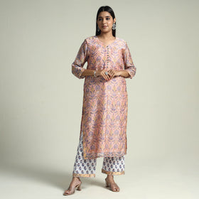 Peach Sanganeri Block Printed Maheshwari Silk Kurta with Palazzo & Dupatta Set 