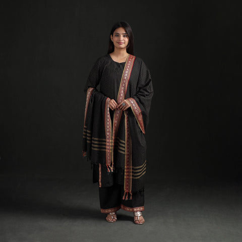 Black - Dharwad Cotton Suit Set with Dupatta for Women 09