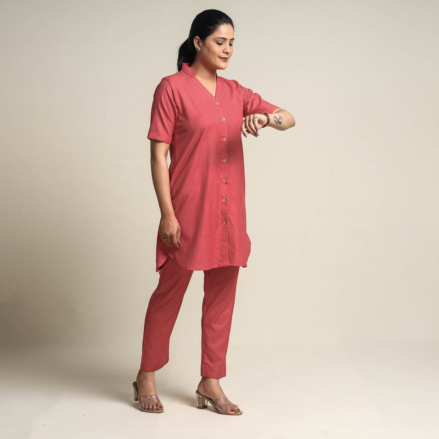 Red - Plain Linen Cotton Co-Ord Set