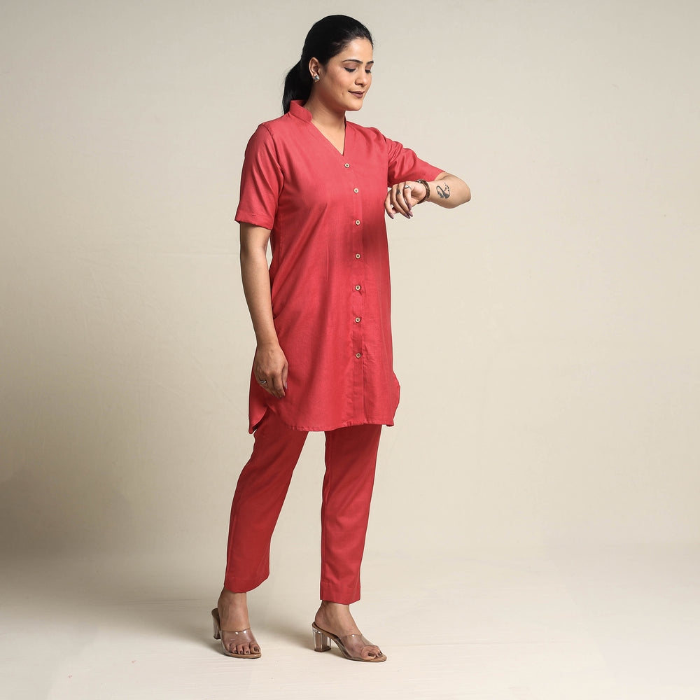 Red - Plain Linen Cotton Co-Ord Set