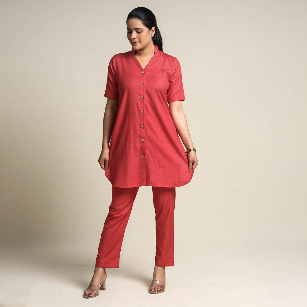 Red - Plain Linen Cotton Co-Ord Set