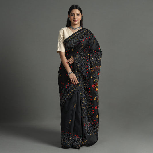Black - Bengal Nakshi Kantha Embroidery Silk Saree 27