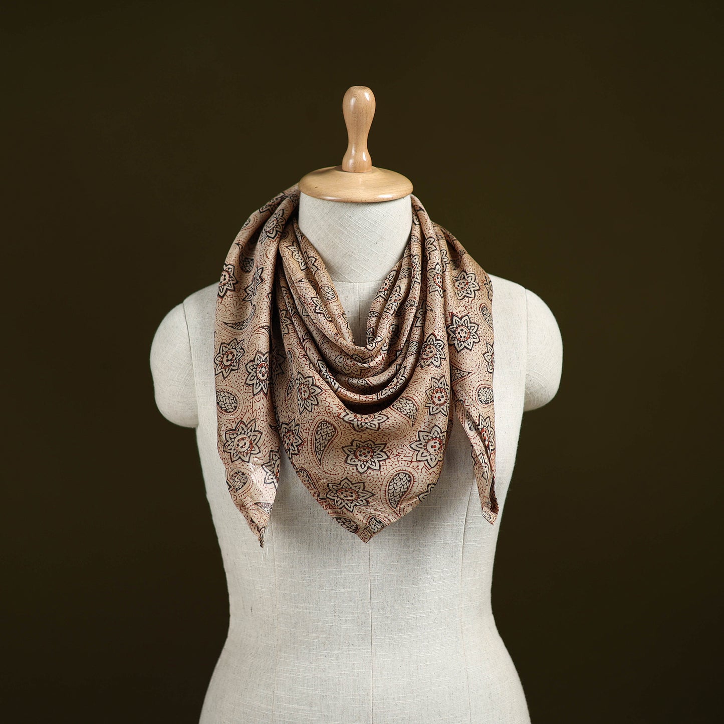 Beige - Kalamkari Hand Block Print Natural Dyed Chanderi Silk Scarf  73