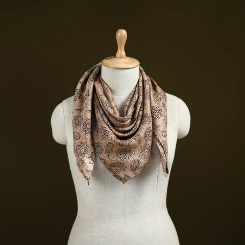 Beige - Kalamkari Hand Block Print Natural Dyed Chanderi Silk Scarf  73