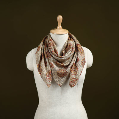 Beige - Kalamkari Hand Block Print Natural Dyed Chanderi Silk Scarf  76