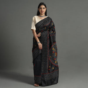 Black - Bengal Nakshi Kantha Embroidery Silk Saree 28