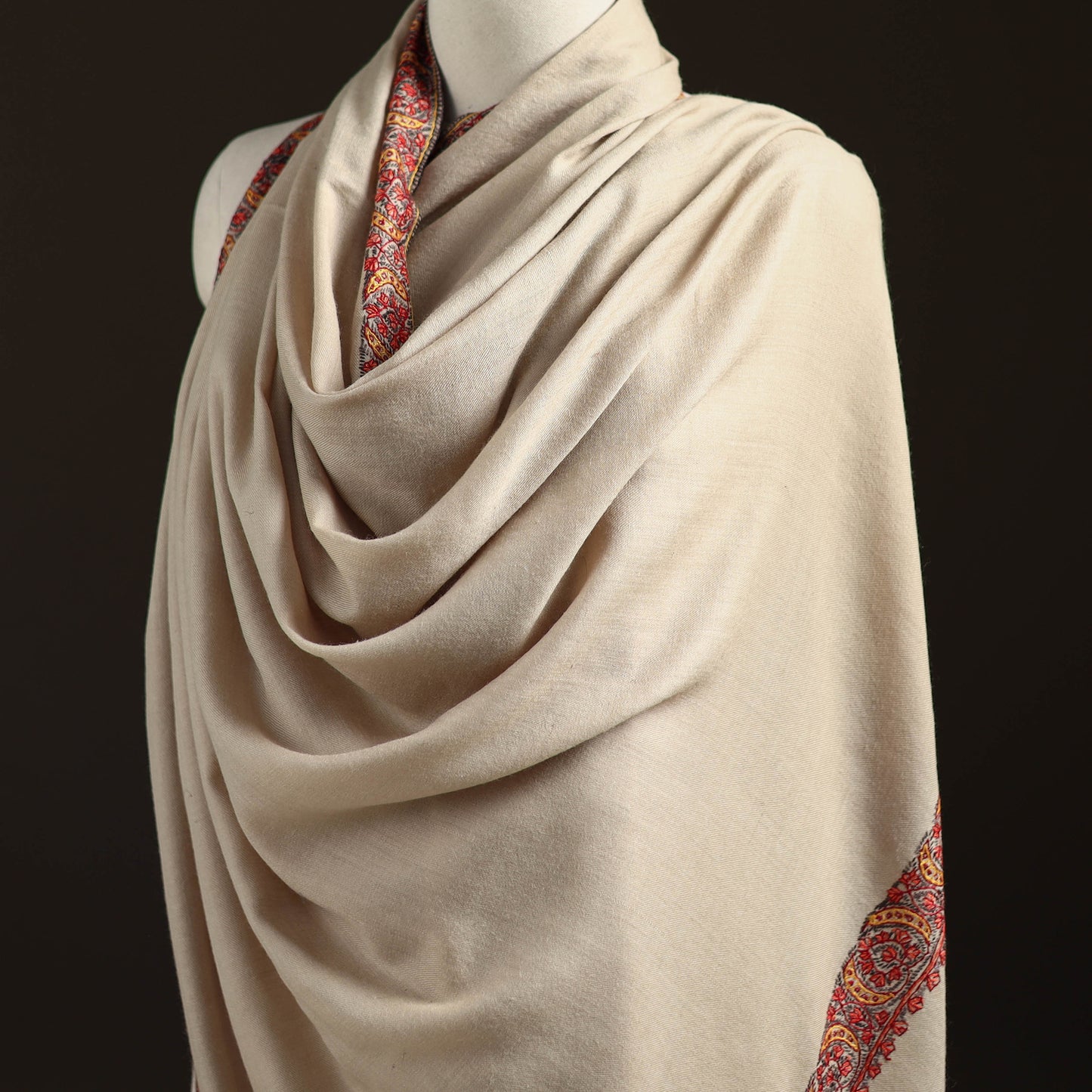 Beige - Kashmiri Sozni Hand Embroidered Pure Handwoven Merino Wool Shawl 08
