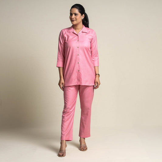 Pink - Plain Linen Cotton Co-Ord Set