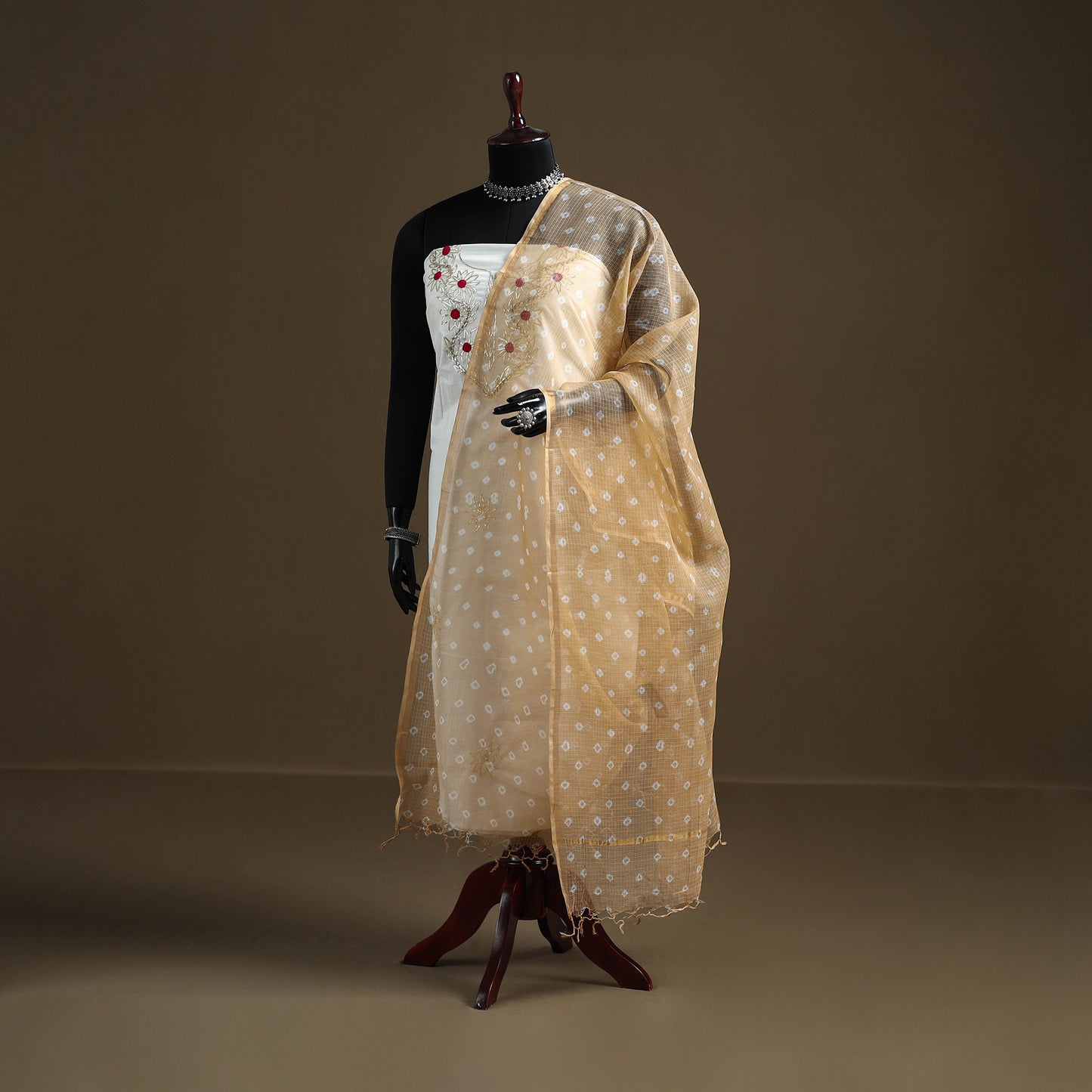 Beige - Bandhani Tie-Dye Kota Doria Cotton Dupatta 05