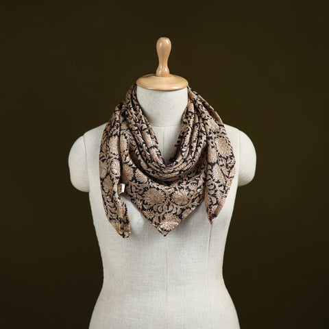 Black - Kalamkari Hand Block Print Natural Dyed Chanderi Silk Scarf  82