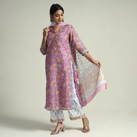 Buy Sanganeri Block Printed Maheshwari Silk Kurta with Palazzo & Dupatta Set Online at iTokri.com