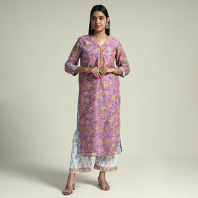 Buy Sanganeri Block Printed Maheshwari Silk Kurta with Palazzo & Dupatta Set Online at iTokri.com