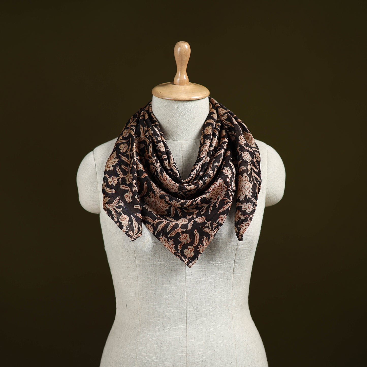 Black - Kalamkari Hand Block Print Natural Dyed Chanderi Silk Scarf  85