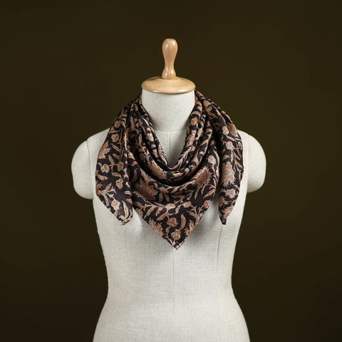 Black - Kalamkari Hand Block Print Natural Dyed Chanderi Silk Scarf  85