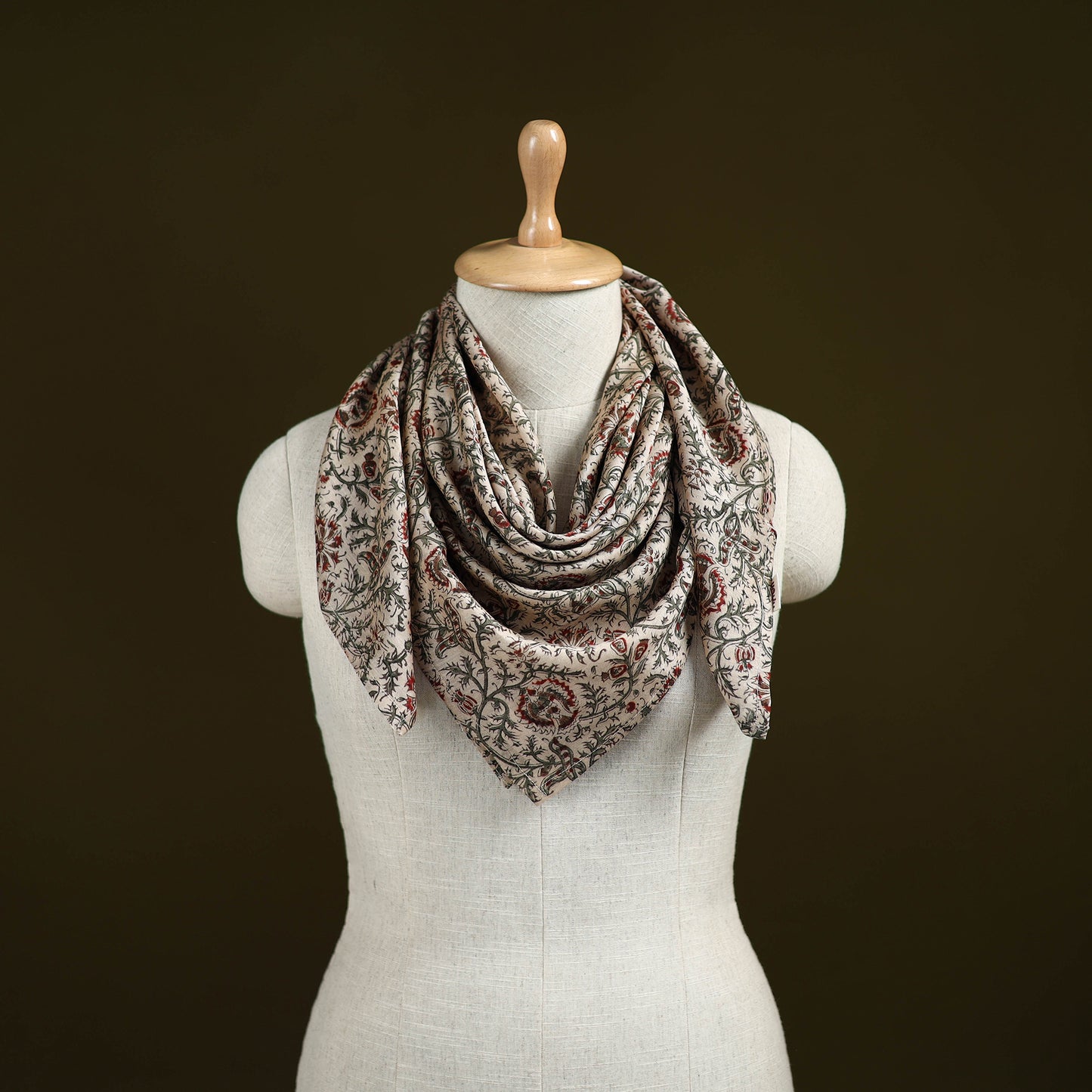 Beige - Kalamkari Hand Block Print Natural Dyed Chanderi Silk Scarf  88