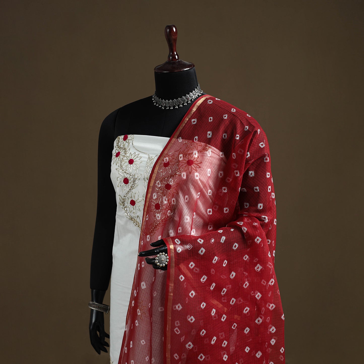 Red - Bandhani Tie-Dye Kota Doria Cotton Dupatta 08