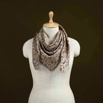 Beige - Kalamkari Hand Block Print Natural Dyed Chanderi Silk Scarf  92