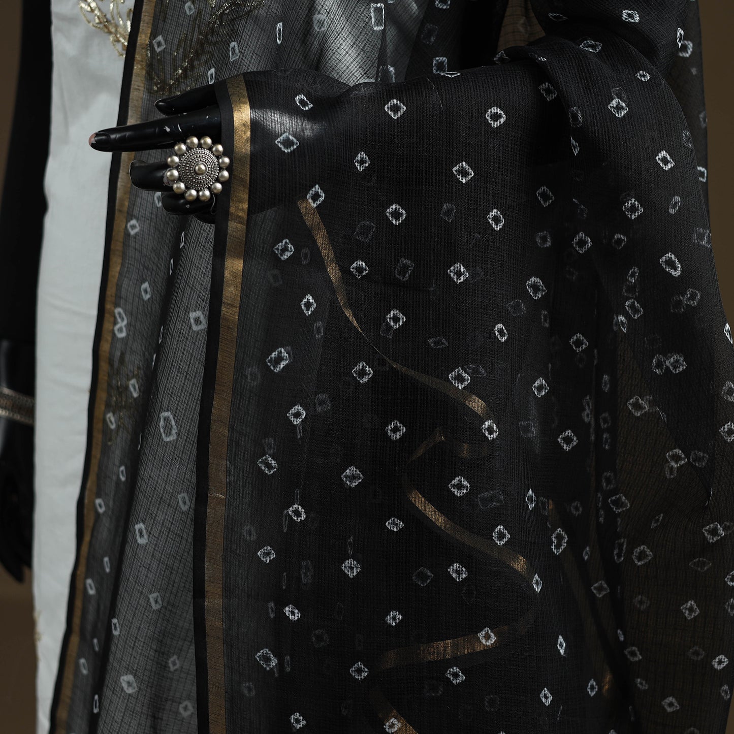 Black - Bandhani Tie-Dye Kota Doria Cotton Dupatta 09