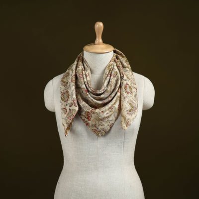 Beige - Kalamkari Hand Block Print Natural Dyed Chanderi Silk Scarf  94