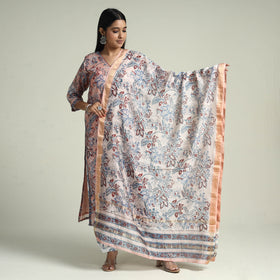 Peach - Sanganeri Block Printed Maheshwari Silk Kurta with Palazzo & Dupatta Set