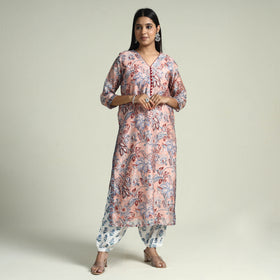 Peach - Sanganeri Block Printed Maheshwari Silk Kurta with Palazzo & Dupatta Set